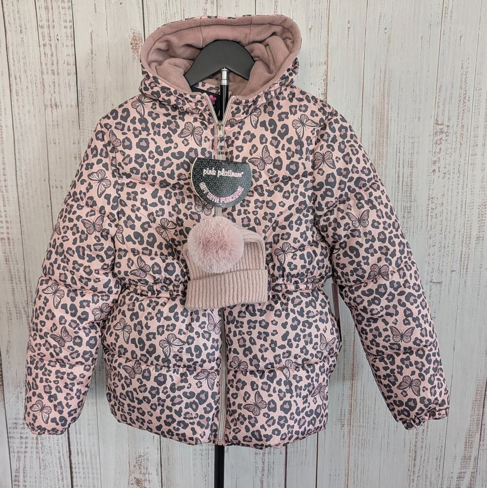 Pink Platinum Puffer Jacket Girls 14-16 Blush Pink Leopard Butterfly Coat Beanie